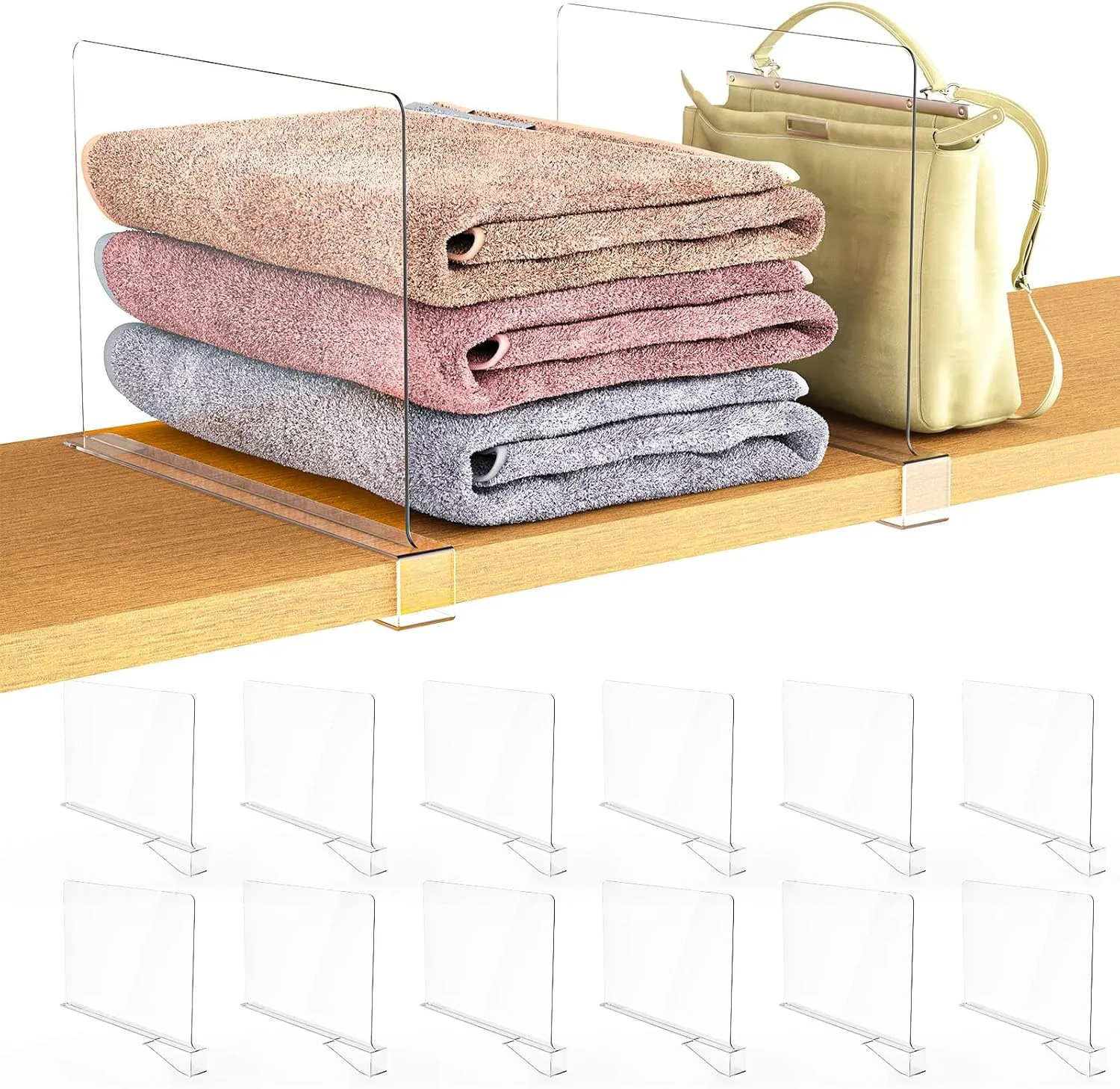 12 Pack Shelf Dividers, Acrylic Clear Closet Organizers and Storage Shelves for Purse Handbag Clothes Sweater Organization, Kitchen Bedroom Wood Cabinet Bookshelf Shelving Separators