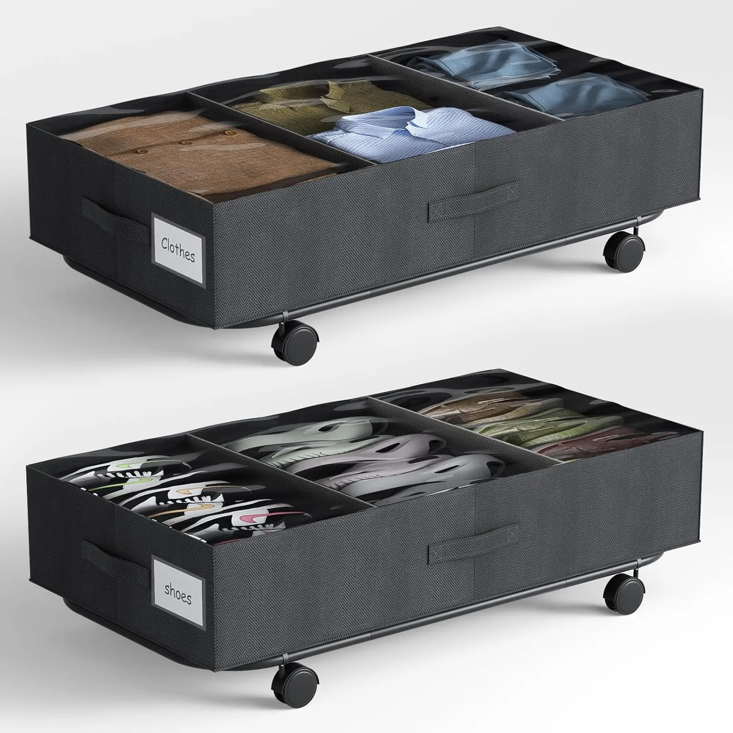 2 Pack Under Bed Storage With Wheels & Adjustable Dividers, XXL 50L Under Bed Shoe Storage Organizer, with Clear Window, Handles & Metal Bottom Support, Storage Containers for Shoes Clothes