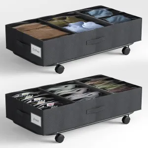 2 Pack Under Bed Storage With Wheels & Adjustable Dividers, XXL 50L Under Bed Shoe Storage Organizer, with Clear Window, Handles & Metal Bottom Support, Storage Containers for Shoes Clothes