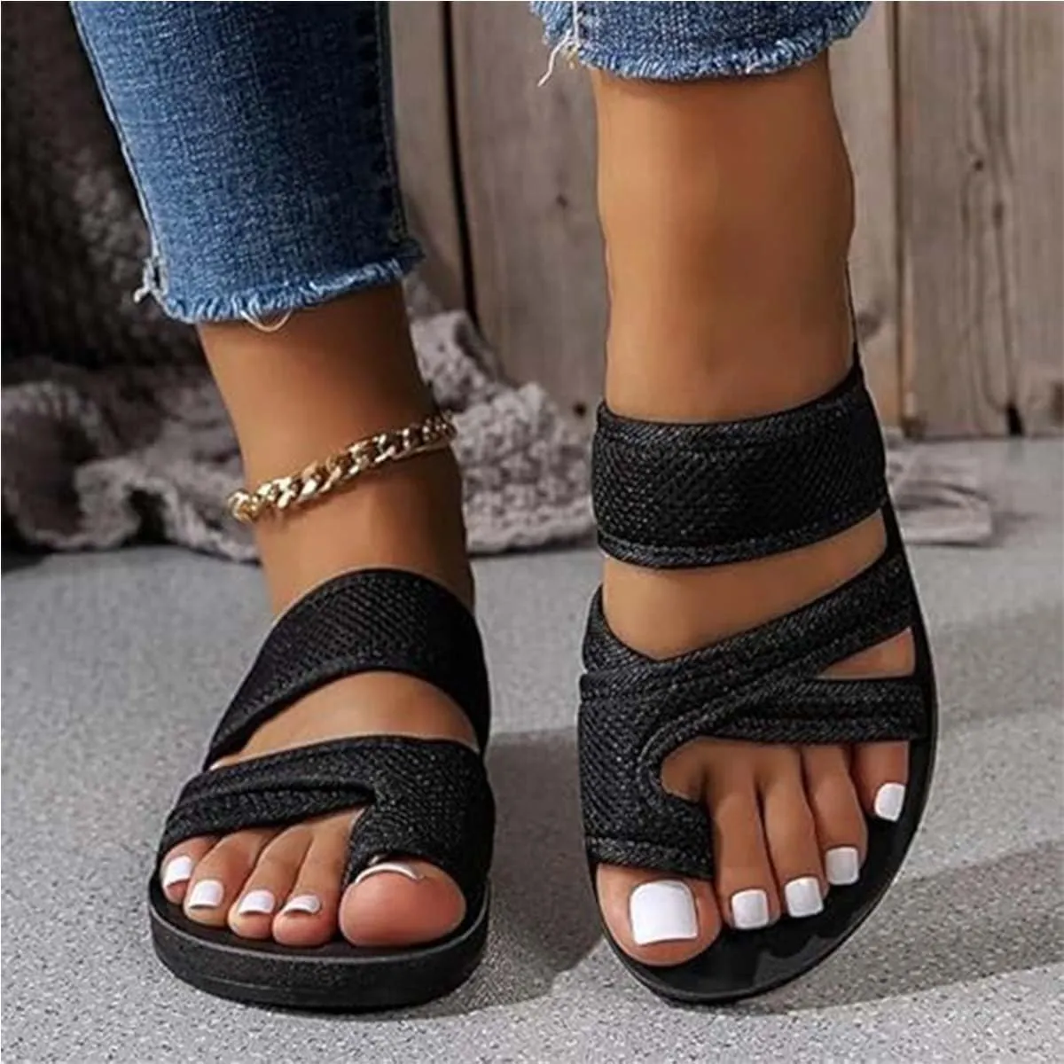 2024Women's Hollow Mesh Slide Sandals, Summer Comfy Non Slip Flat Loop Toe Shoes Arch Support Peep Toe Slippers
