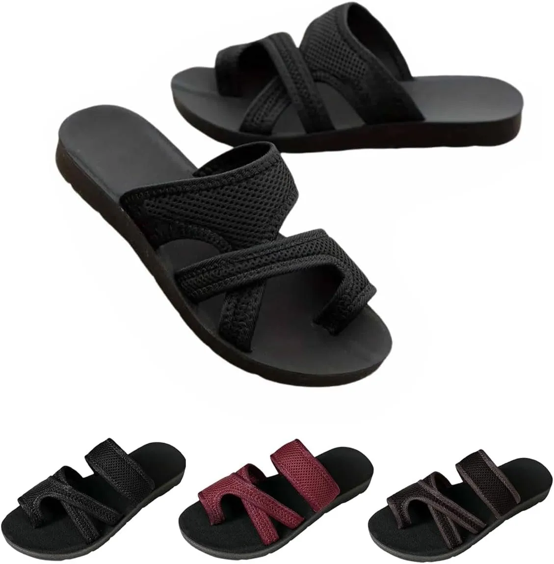 2024Women's Hollow Mesh Slide Sandals, Summer Comfy Non Slip Flat Loop Toe Shoes Arch Support Peep Toe Slippers