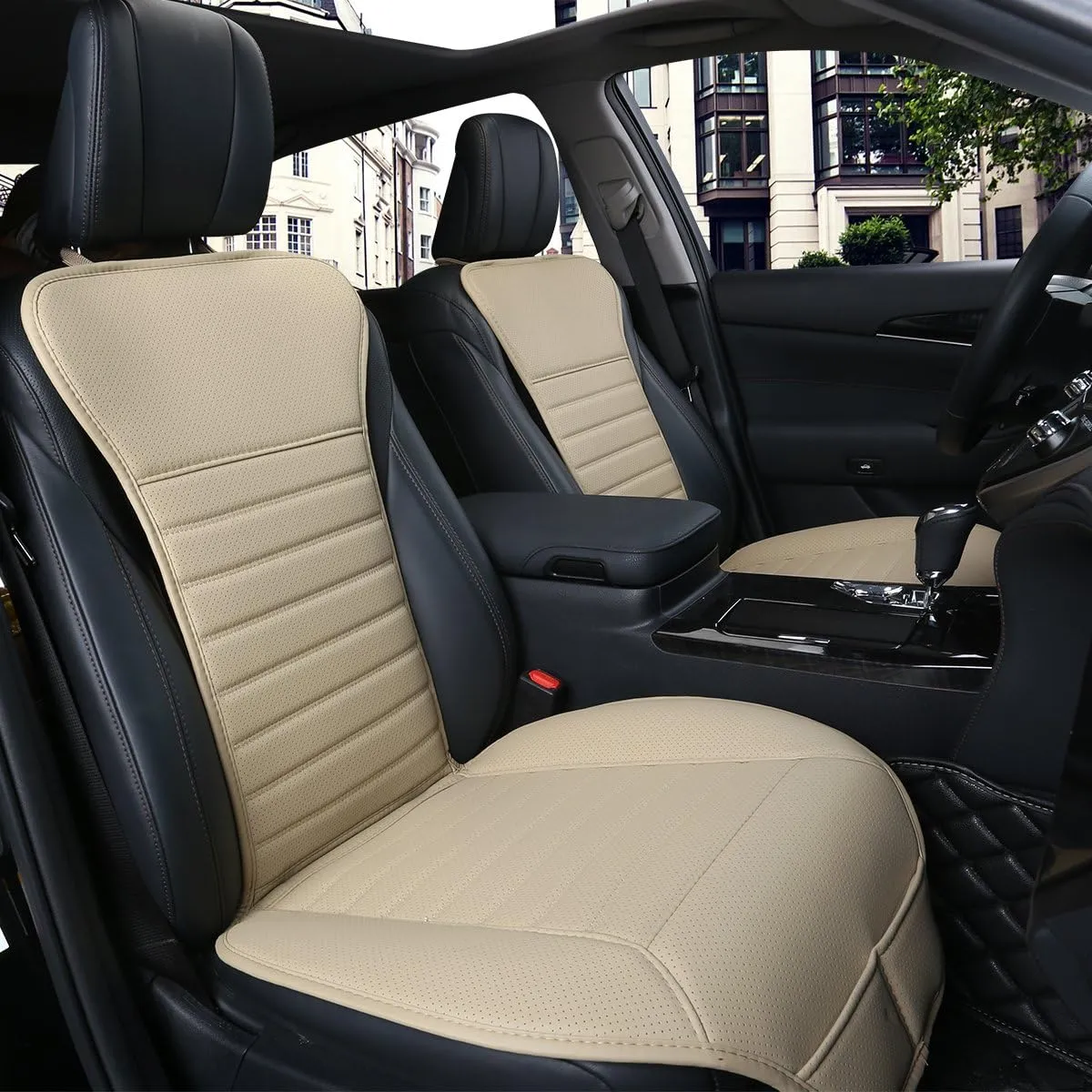 (2PCS Driver and Passenger Seat Cover PU Leather Seat Covers Universal Car Seat Covers Front seat Protector Covers Fit Most Sedans &Truck &SUV (2 PCS Beige)