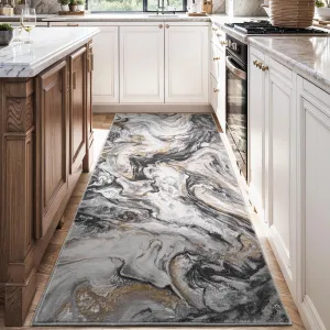 2x10 Runner Rug for Hallways Kitchen Modern Abstract Washable Runner Rug Soft Non Slip Marble Carpet Runner for Laundry Entryway Bedroom Bathroom, Black and Grey