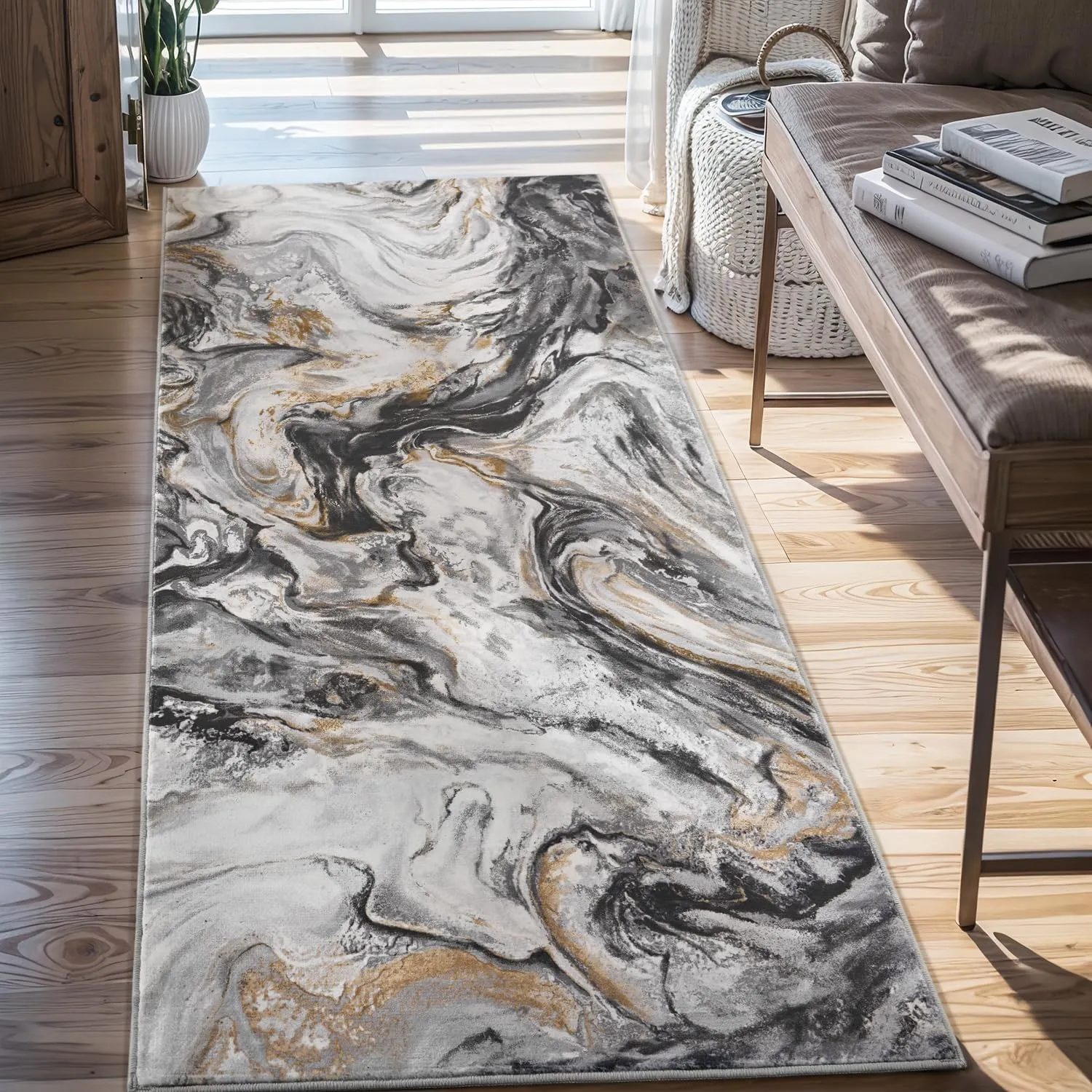 2x10 Runner Rug for Hallways Kitchen Modern Abstract Washable Runner Rug Soft Non Slip Marble Carpet Runner for Laundry Entryway Bedroom Bathroom, Black and Grey