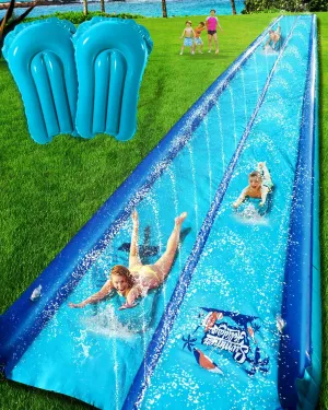 32ft Slip and Water Slide for Kids and Adults Backyard,2 Lanes Extra Long Inflatable Slip and Water Slide with Sprinkler and Bodyboards,Heavy Duty Summer Outdoor Water Toy,Blue Shark Theme