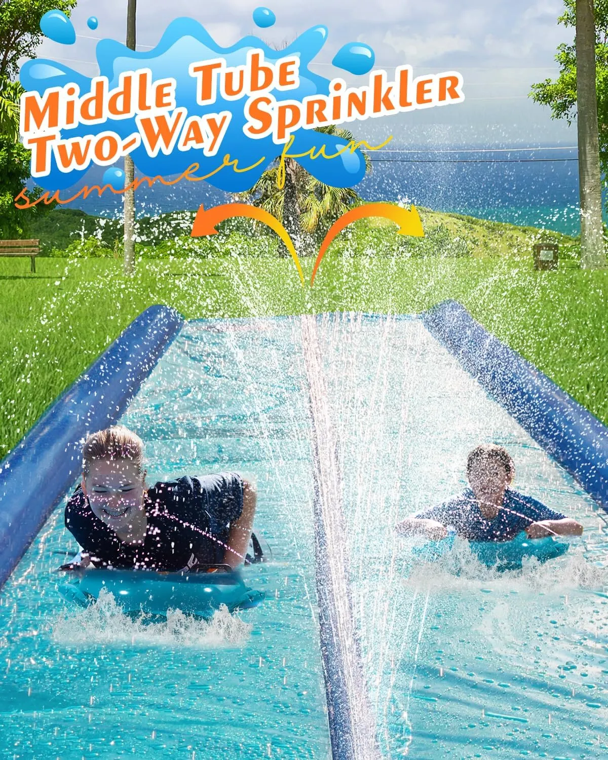 32ft Slip and Water Slide for Kids and Adults Backyard,2 Lanes Extra Long Inflatable Slip and Water Slide with Sprinkler and Bodyboards,Heavy Duty Summer Outdoor Water Toy,Blue Shark Theme
