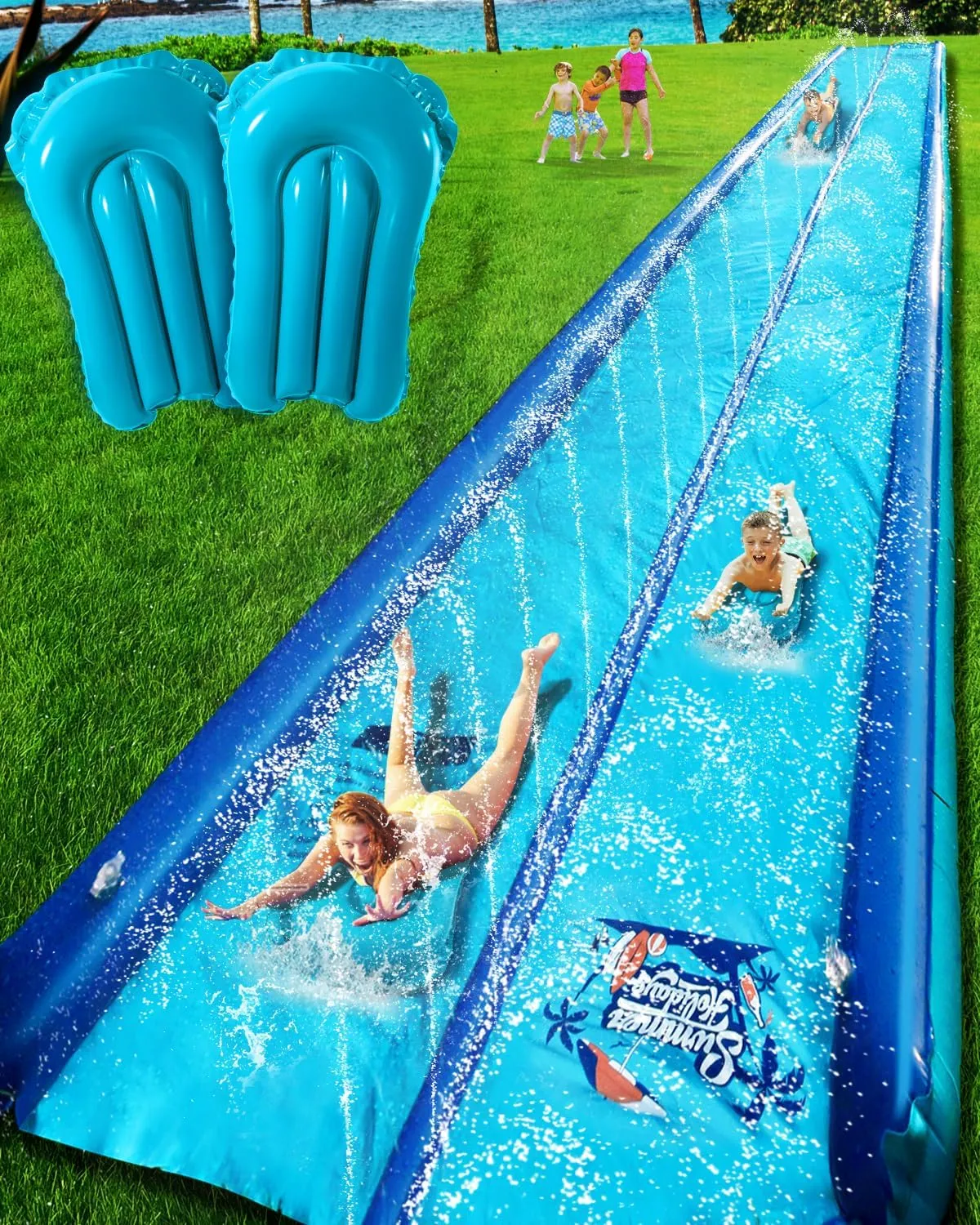 32ft Slip and Water Slide for Kids and Adults Backyard,2 Lanes Extra Long Inflatable Slip and Water Slide with Sprinkler and Bodyboards,Heavy Duty Summer Outdoor Water Toy,Blue Shark Theme
