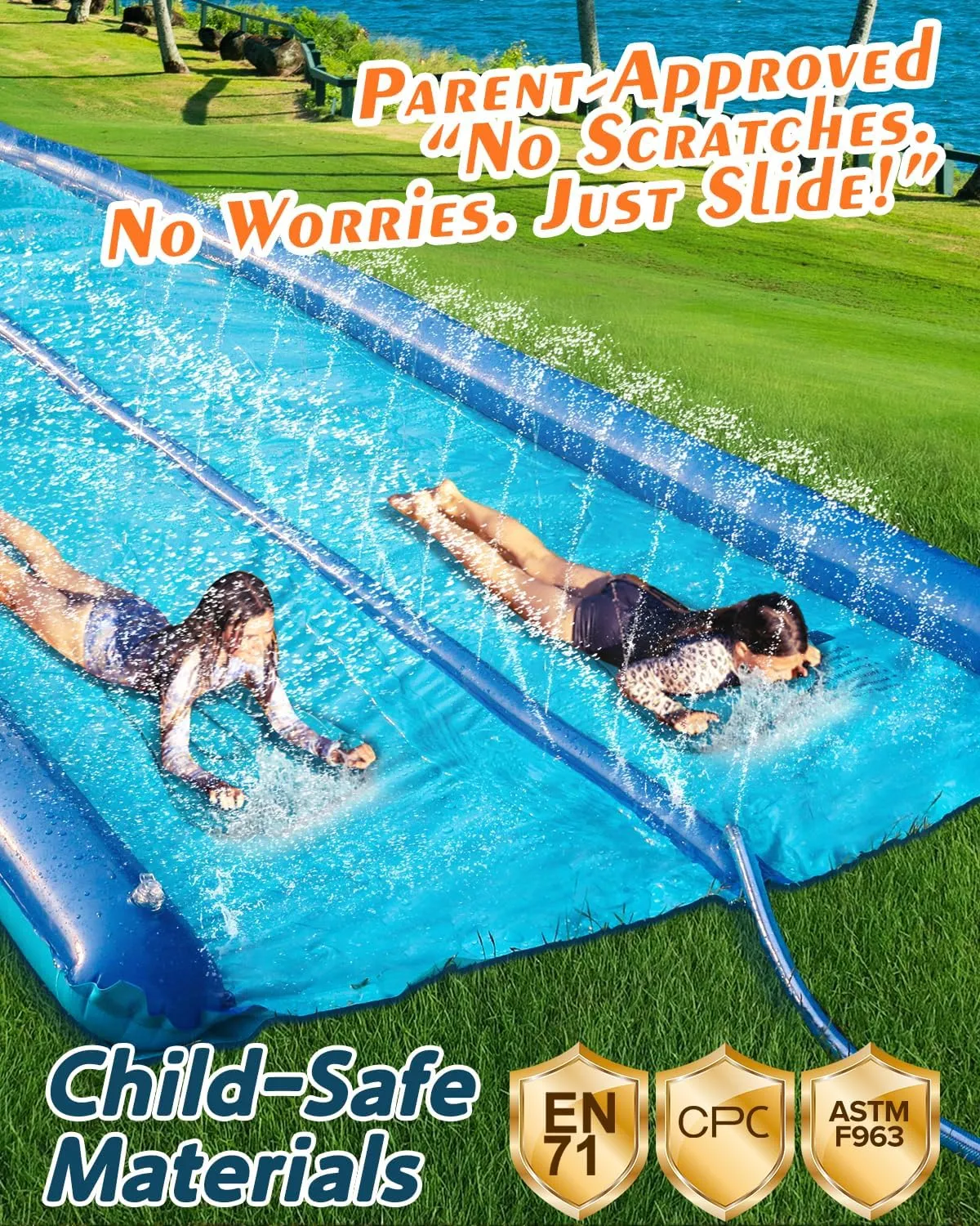 32ft Slip and Water Slide for Kids and Adults Backyard,2 Lanes Extra Long Inflatable Slip and Water Slide with Sprinkler and Bodyboards,Heavy Duty Summer Outdoor Water Toy,Blue Shark Theme