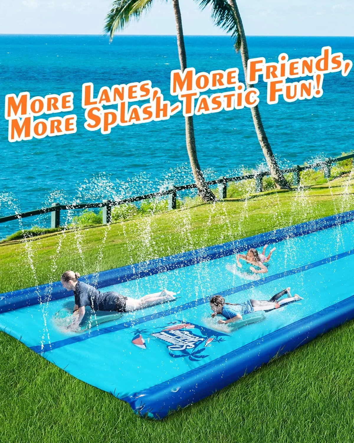 32ft Slip and Water Slide for Kids and Adults Backyard,2 Lanes Extra Long Inflatable Slip and Water Slide with Sprinkler and Bodyboards,Heavy Duty Summer Outdoor Water Toy,Blue Shark Theme