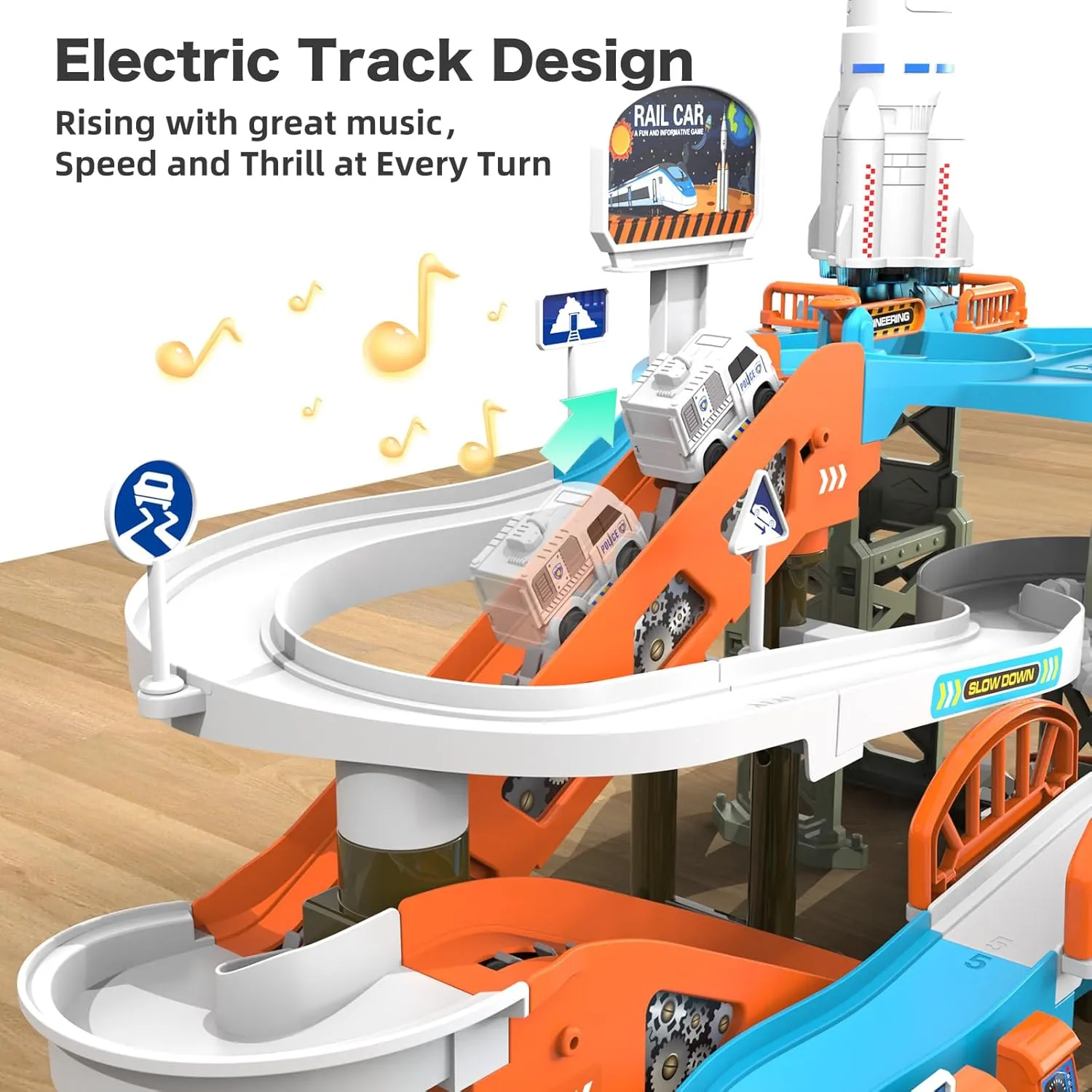 53PCS Space High-Speed Rail Adventure Track Set-Electric Elevator, Rotating Slide, 3 Mini Police Cars & Train, Lights & Music, Interactive Adventure Playset Fun for Kids 3 , Ideal Gift