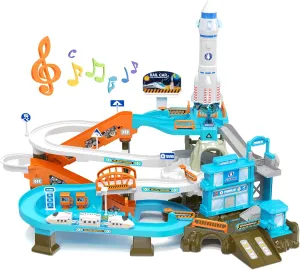 53PCS Space High-Speed Rail Adventure Track Set-Electric Elevator, Rotating Slide, 3 Mini Police Cars & Train, Lights & Music, Interactive Adventure Playset Fun for Kids 3 , Ideal Gift