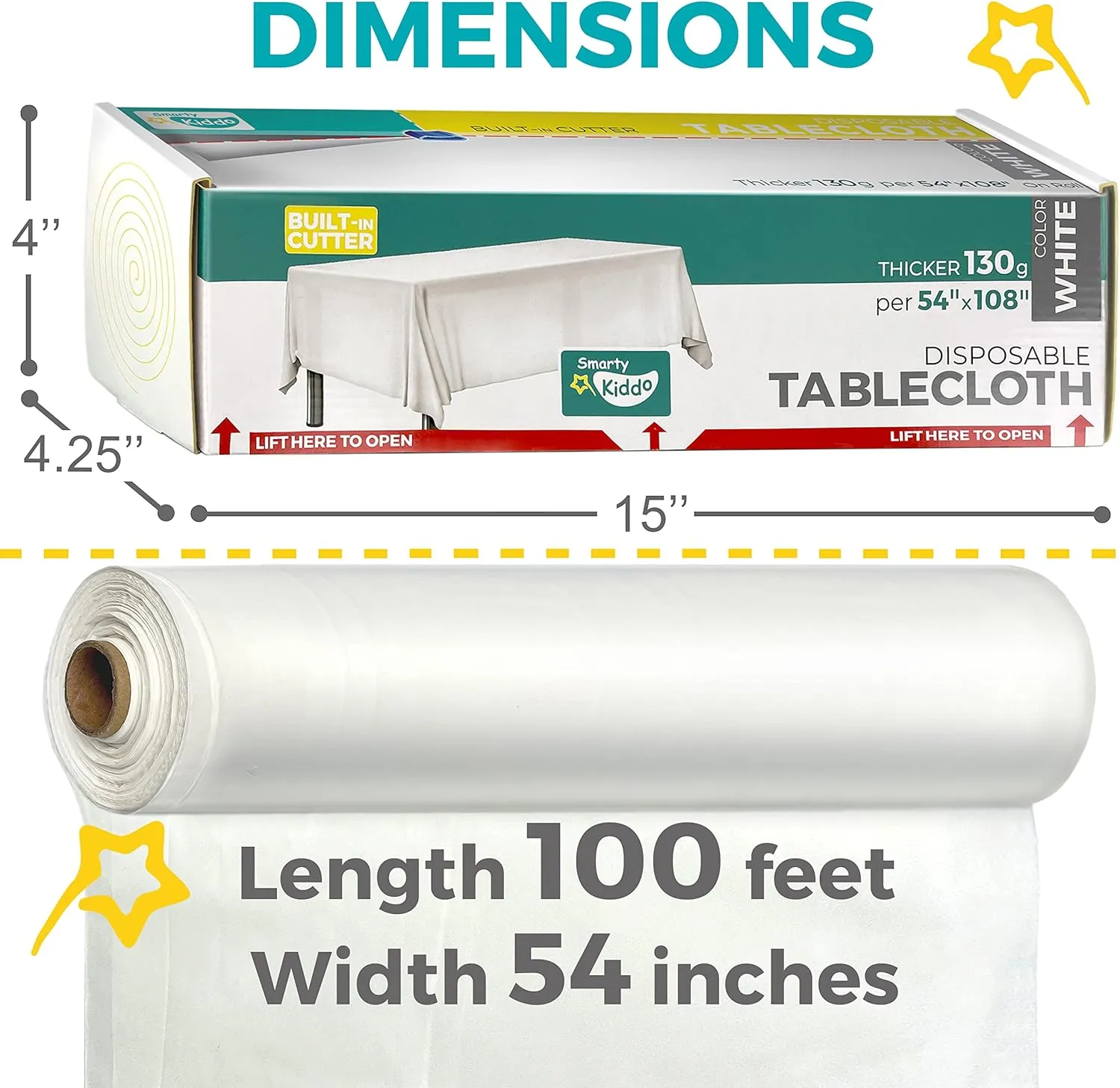 54in X 100ft White Premium Plastic Disposable Tablecloth Roll with in Built Cutter Box | Table Cover for Party, Picnic, Banquet & Kids Activities