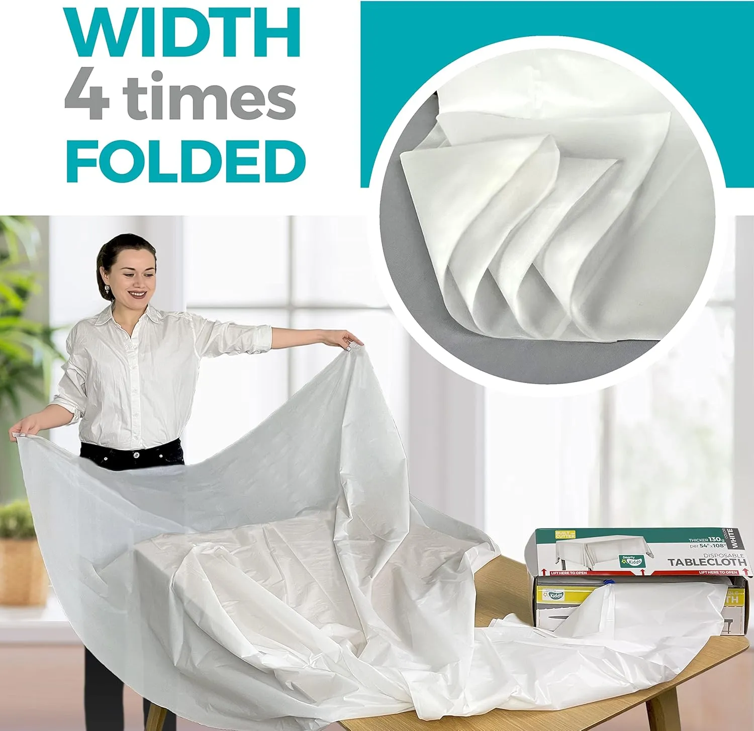 54in X 100ft White Premium Plastic Disposable Tablecloth Roll with in Built Cutter Box | Table Cover for Party, Picnic, Banquet & Kids Activities