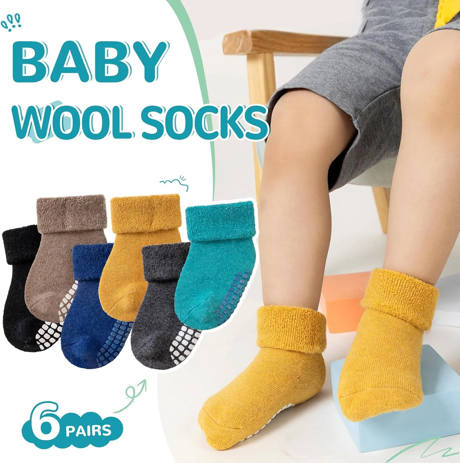 6 Pairs Baby Boy Girl Non Slip Socks Child Toddler Winter Thick Soft Wool Kids Warm Socks with Grips