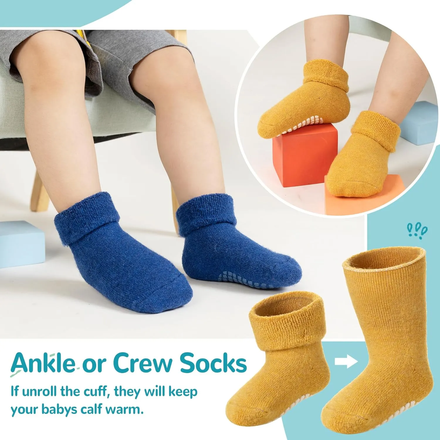 6 Pairs Baby Boy Girl Non Slip Socks Child Toddler Winter Thick Soft Wool Kids Warm Socks with Grips