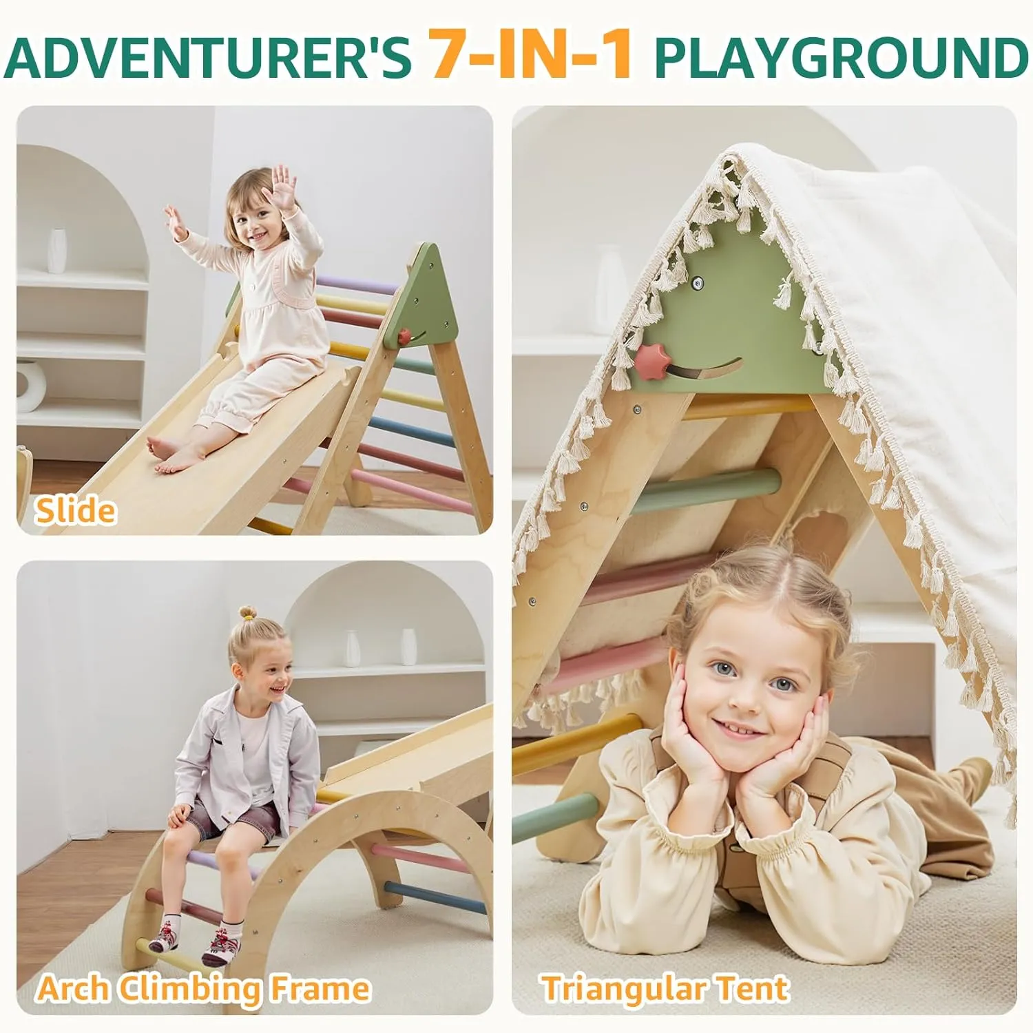 7in1 Pikler Triangle Set, Pikler Triangle Climbing Toys Set for Toddlers, Wooden Toddler Climbing Toys Indoor Playground, Foldable Montessori Climbing Set with Arch&Ramp&Ladder, Jungle Gym for Kids