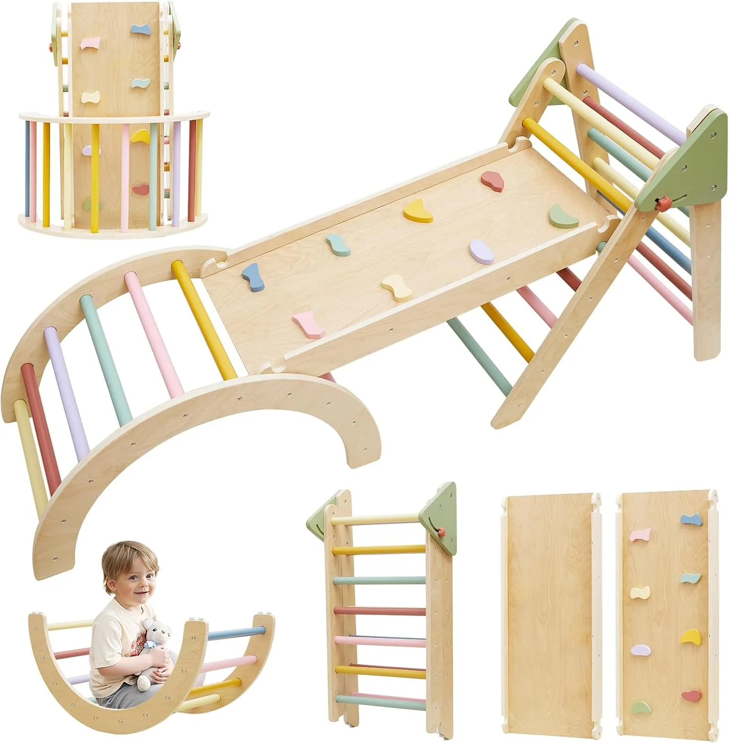 7in1 Pikler Triangle Set, Pikler Triangle Climbing Toys Set for Toddlers, Wooden Toddler Climbing Toys Indoor Playground, Foldable Montessori Climbing Set with Arch&Ramp&Ladder, Jungle Gym for Kids