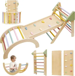 7in1 Pikler Triangle Set, Pikler Triangle Climbing Toys Set for Toddlers, Wooden Toddler Climbing Toys Indoor Playground, Foldable Montessori Climbing Set with Arch&Ramp&Ladder, Jungle Gym for Kids