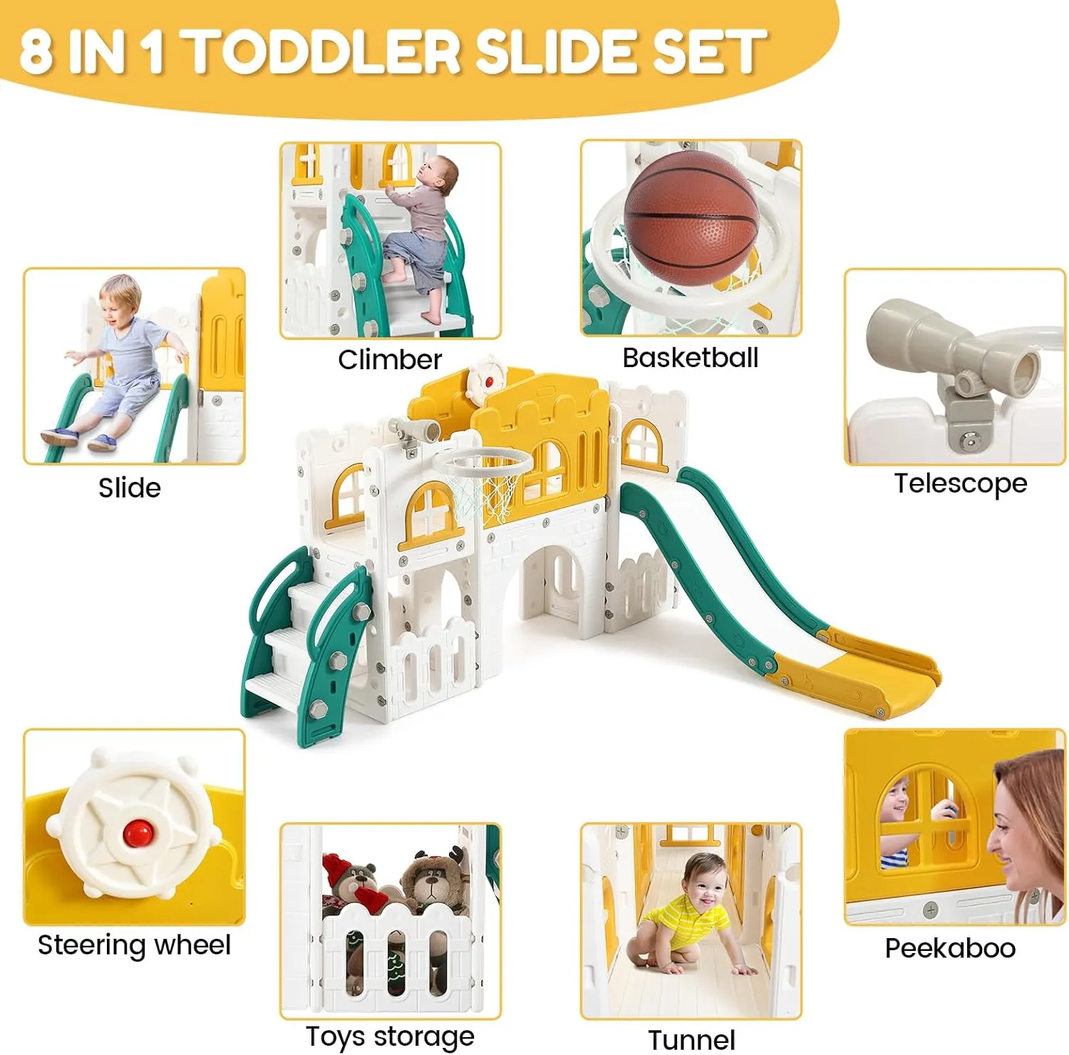 8 in 1 Toddler Slide Indoor Playground, Indoor Slide Toddler Playset for Toddlers 1-3, Kids Outdoor Playground with Slide, Basketball Hoop, Climber, Crawling Tunnel, Telescope, Toy Storage