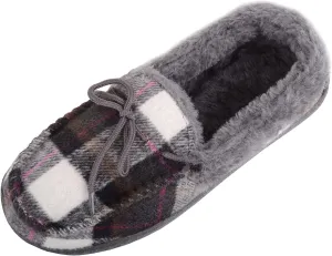 ABSOLUTE FOOTWEAR Womens Slip On Traditional Tartan Checked Faux Fur Winter Moccasin Style Slipper