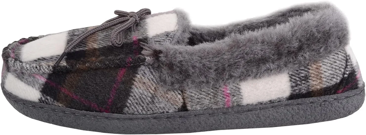 ABSOLUTE FOOTWEAR Womens Slip On Traditional Tartan Checked Faux Fur Winter Moccasin Style Slipper
