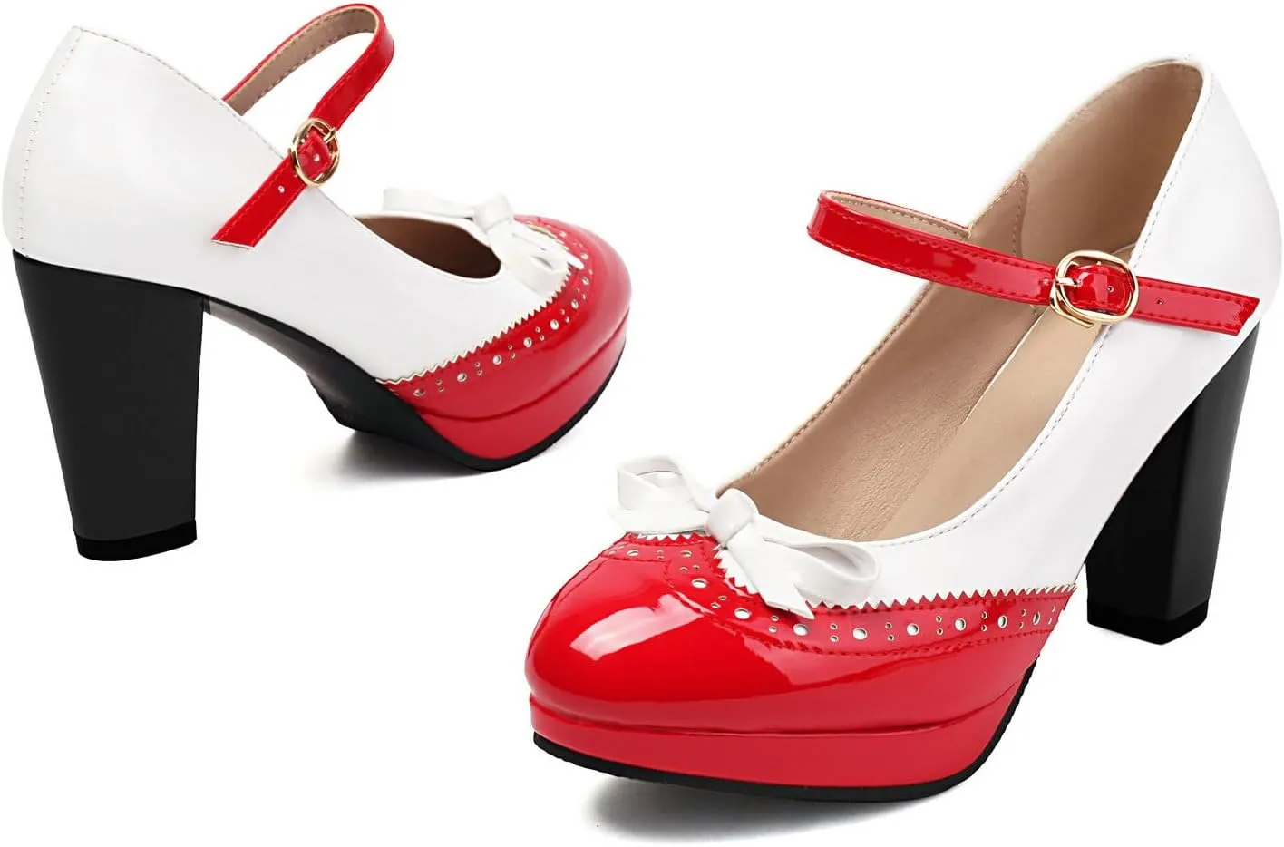AIMODOR Mary Jane Heels for Women Platform High Lolita Heels Sweet Bow Round Toe Pumps Rockabilly Oxford Mary Jane Pumps Ankle Strap Cosplay Shoes Kawaii Dress Shoes