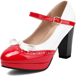 AIMODOR Mary Jane Heels for Women Platform High Lolita Heels Sweet Bow Round Toe Pumps Rockabilly Oxford Mary Jane Pumps Ankle Strap Cosplay Shoes Kawaii Dress Shoes