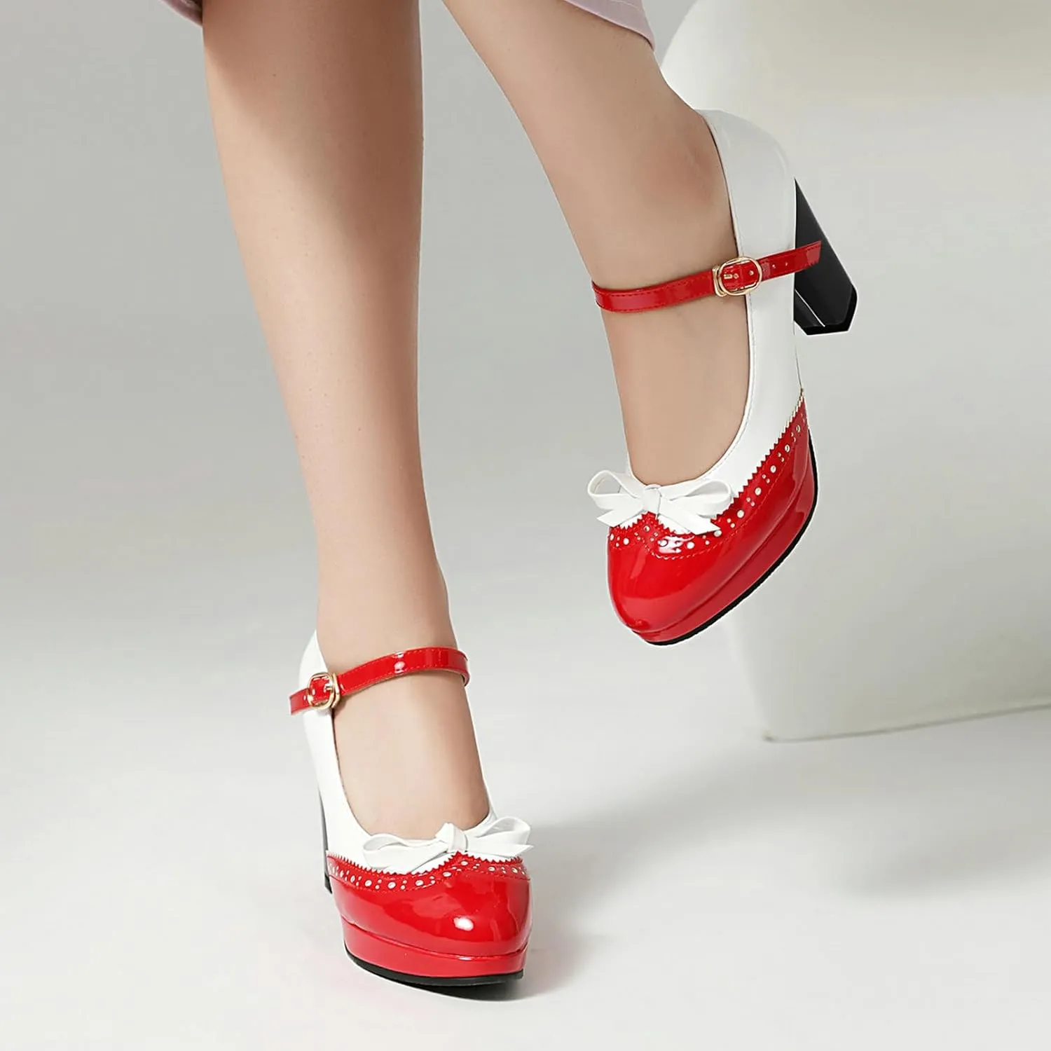 AIMODOR Mary Jane Heels for Women Platform High Lolita Heels Sweet Bow Round Toe Pumps Rockabilly Oxford Mary Jane Pumps Ankle Strap Cosplay Shoes Kawaii Dress Shoes