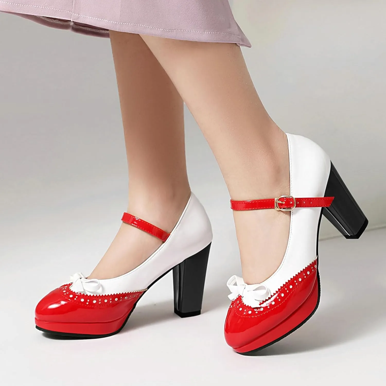 AIMODOR Mary Jane Heels for Women Platform High Lolita Heels Sweet Bow Round Toe Pumps Rockabilly Oxford Mary Jane Pumps Ankle Strap Cosplay Shoes Kawaii Dress Shoes