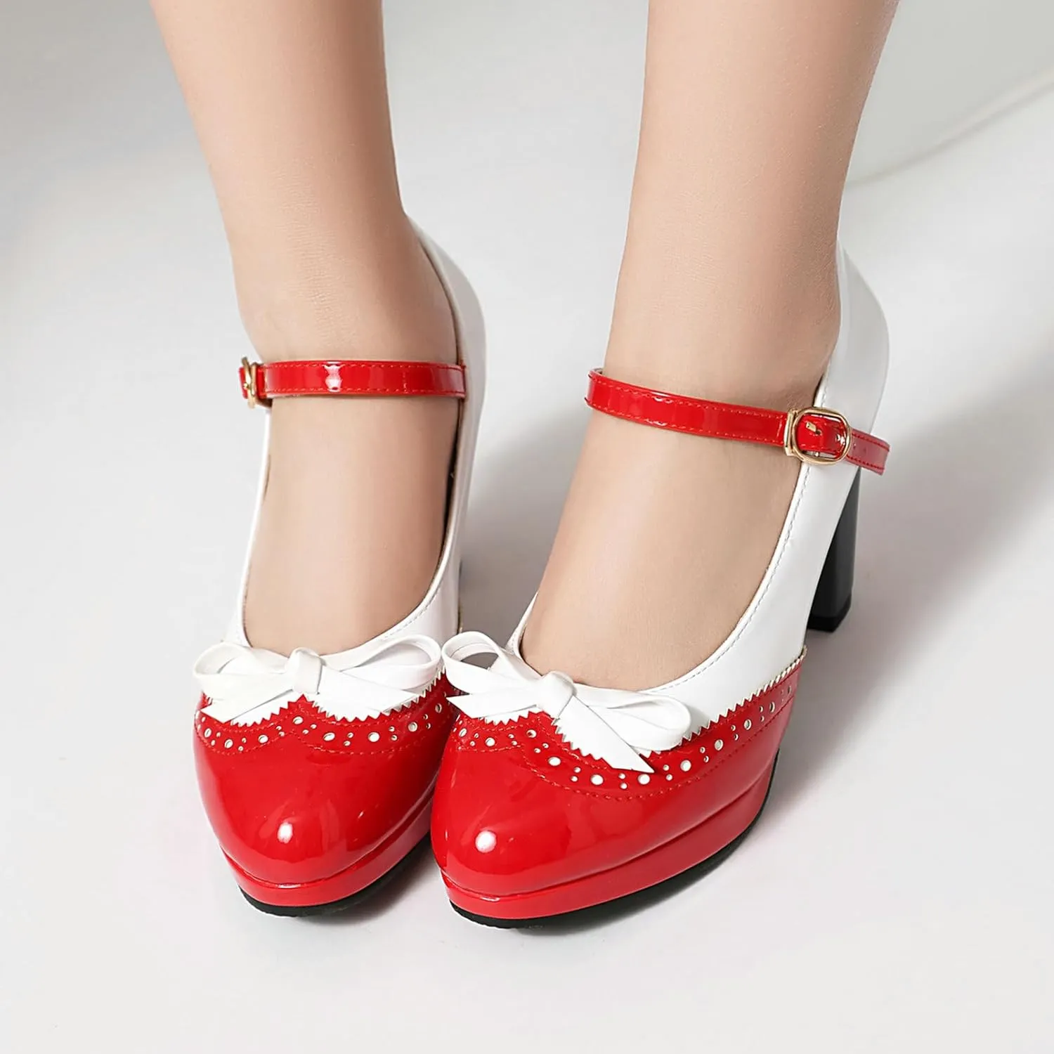 AIMODOR Mary Jane Heels for Women Platform High Lolita Heels Sweet Bow Round Toe Pumps Rockabilly Oxford Mary Jane Pumps Ankle Strap Cosplay Shoes Kawaii Dress Shoes
