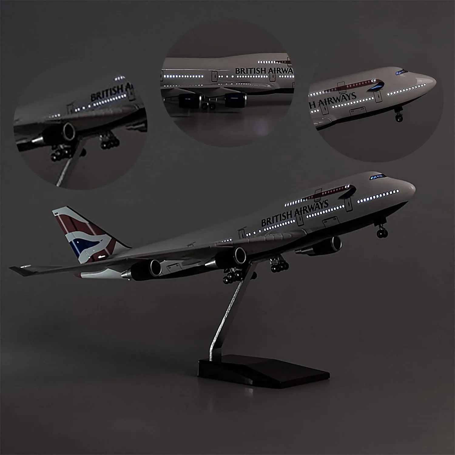 Aircraft Model Flight Miniatures Boeing B747-400 British Airways United Airlines Ornaments 18.5inch Air Metal Airplane Toy Plane Miniature Model Plastic Snap-Fit Parts Birthday Gift(Light)