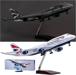 Aircraft Model Flight Miniatures Boeing B747-400 British Airways United Airlines Ornaments 18.5inch Air Metal Airplane Toy Plane Miniature Model Plastic Snap-Fit Parts Birthday Gift(Light)