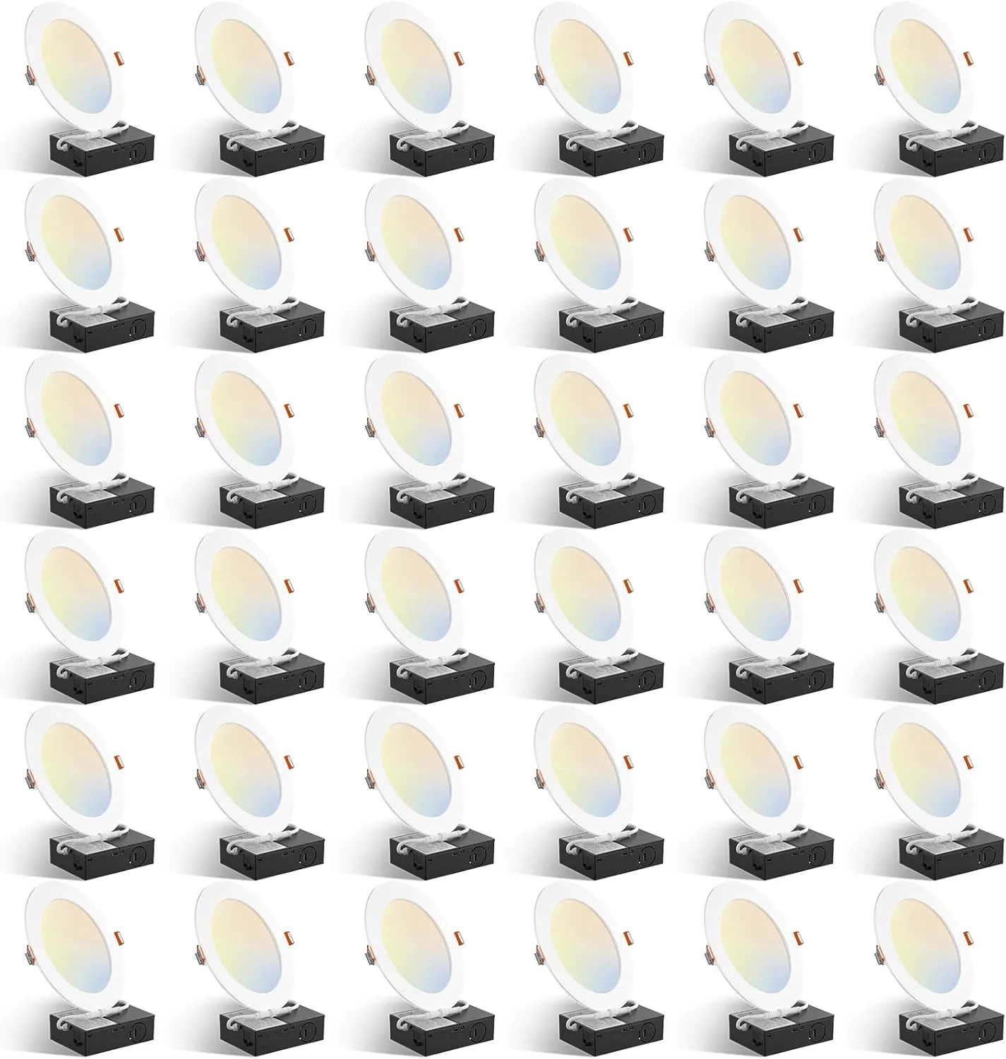 Amico 36 Pack 6 Inch 5CCT Ultra-Thin LED Recessed Ceiling Light with Plastic Junction Box, 2700K/3000K/3500K/4000K/5000K Selectable,1050LM, Dimmable Canless Wafer Downlight, 12W, ETL&FCC