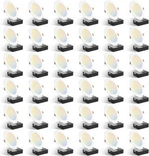 Amico 36 Pack 6 Inch 5CCT Ultra-Thin LED Recessed Ceiling Light with Plastic Junction Box, 2700K/3000K/3500K/4000K/5000K Selectable,1050LM, Dimmable Canless Wafer Downlight, 12W, ETL&FCC