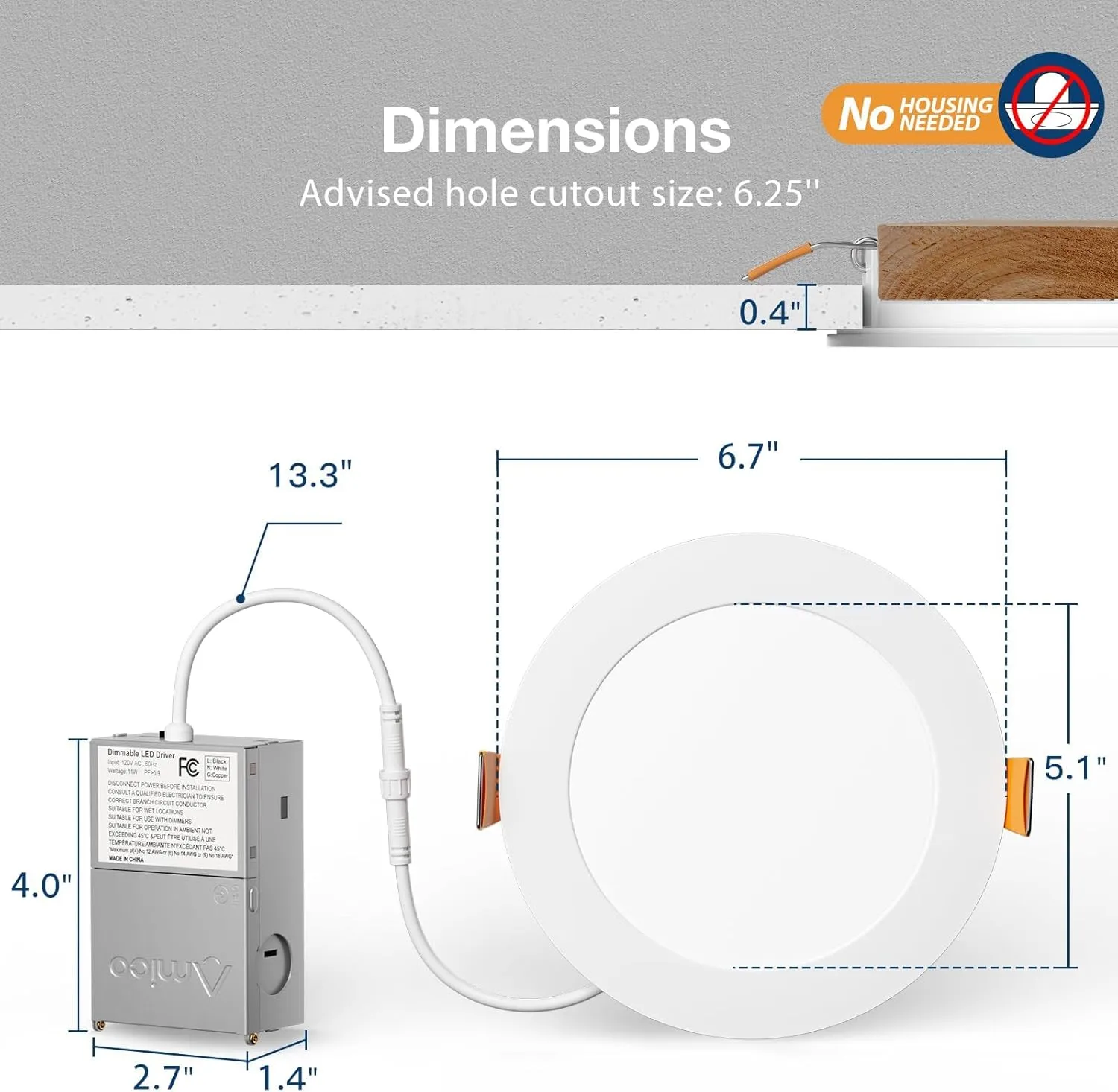 Amico 6 Pack 6 Inch 5CCT Ultra-Thin LED Recessed Ceiling Light with Junction Box, 2700K/3000K/3500K/4000K/5000K Selectable, 12W Eqv 110W 1050LM Brightness Dimmable Canless Wafer Downlight, ETL & FCC