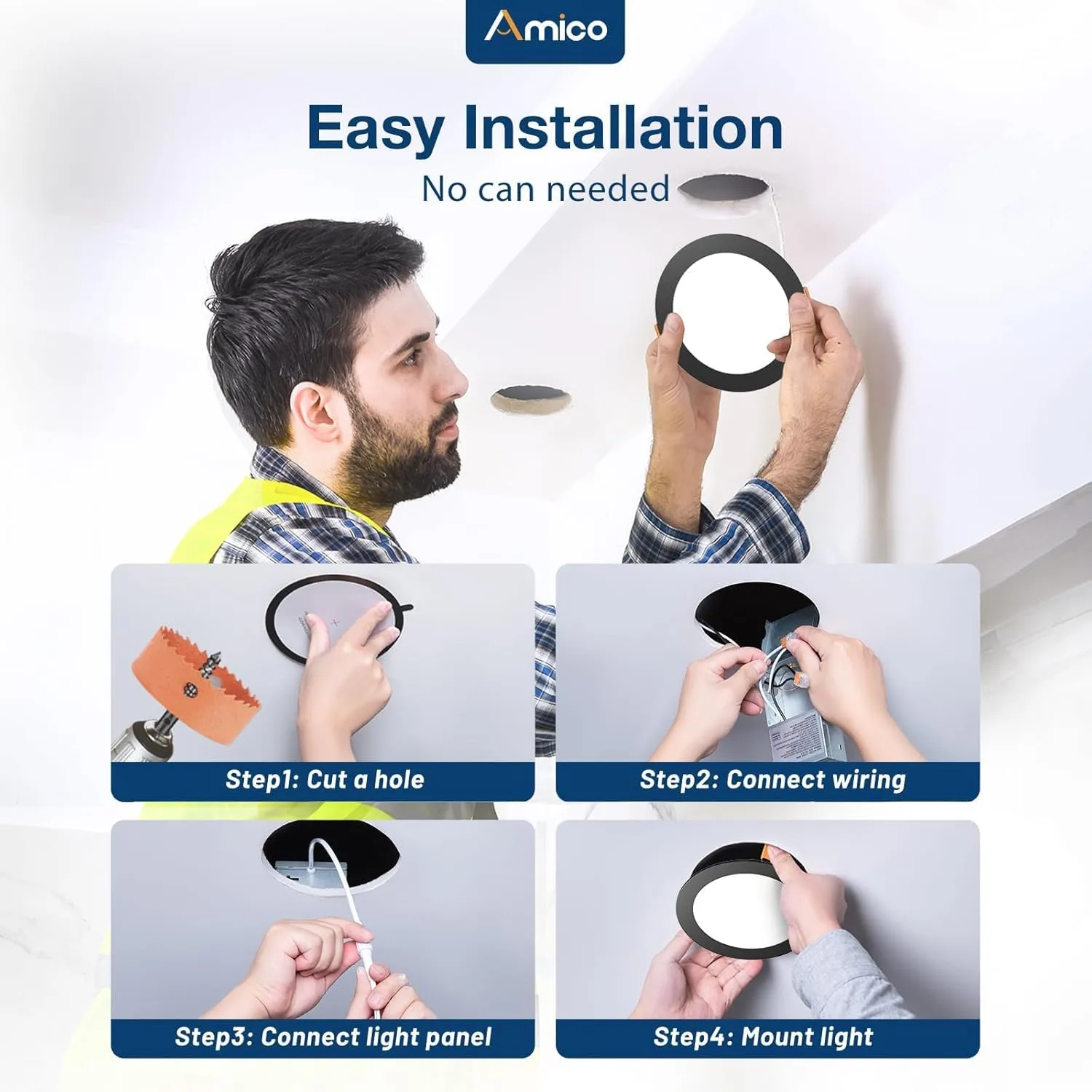Amico 6 Pack 6 Inch 5CCT Ultra-Thin LED Recessed Ceiling Light with Junction Box, 2700K/3000K/3500K/4000K/5000K Selectable, 12W Eqv 110W, Dimmable Canless Downlight, 1050LM High Brightness,Black