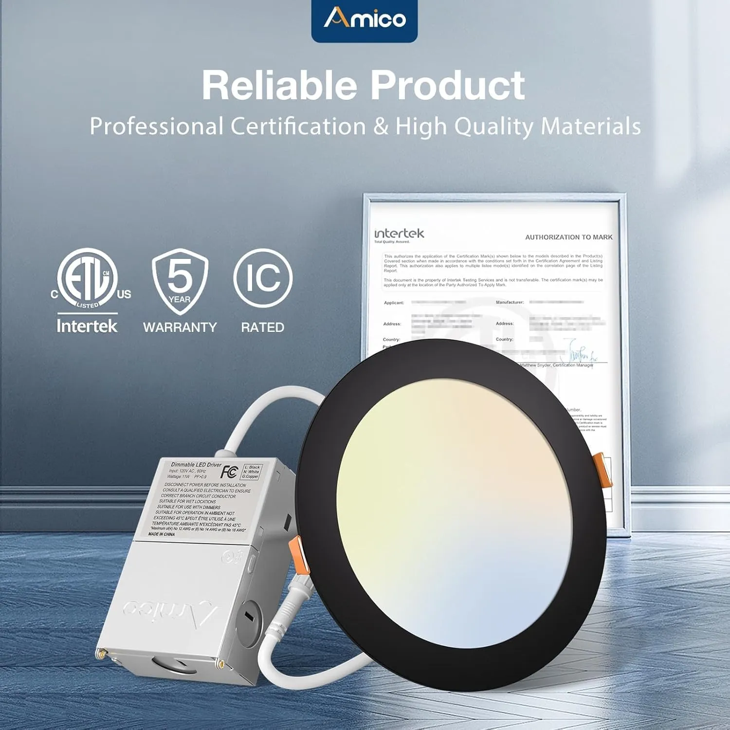 Amico 6 Pack 6 Inch 5CCT Ultra-Thin LED Recessed Ceiling Light with Junction Box, 2700K/3000K/3500K/4000K/5000K Selectable, 12W Eqv 110W, Dimmable Canless Downlight, 1050LM High Brightness,Black