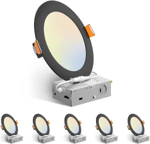 Amico 6 Pack 6 Inch 5CCT Ultra-Thin LED Recessed Ceiling Light with Junction Box, 2700K/3000K/3500K/4000K/5000K Selectable, 12W Eqv 110W, Dimmable Canless Downlight, 1050LM High Brightness,Black