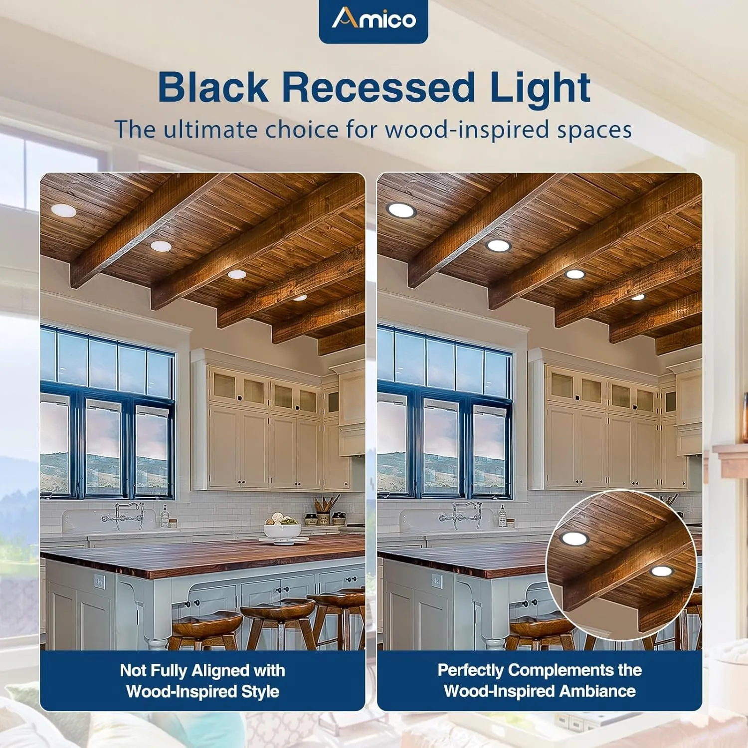 Amico 6 Pack 6 Inch 5CCT Ultra-Thin LED Recessed Ceiling Light with Junction Box, 2700K/3000K/3500K/4000K/5000K Selectable, 12W Eqv 110W, Dimmable Canless Downlight, 1050LM High Brightness,Black