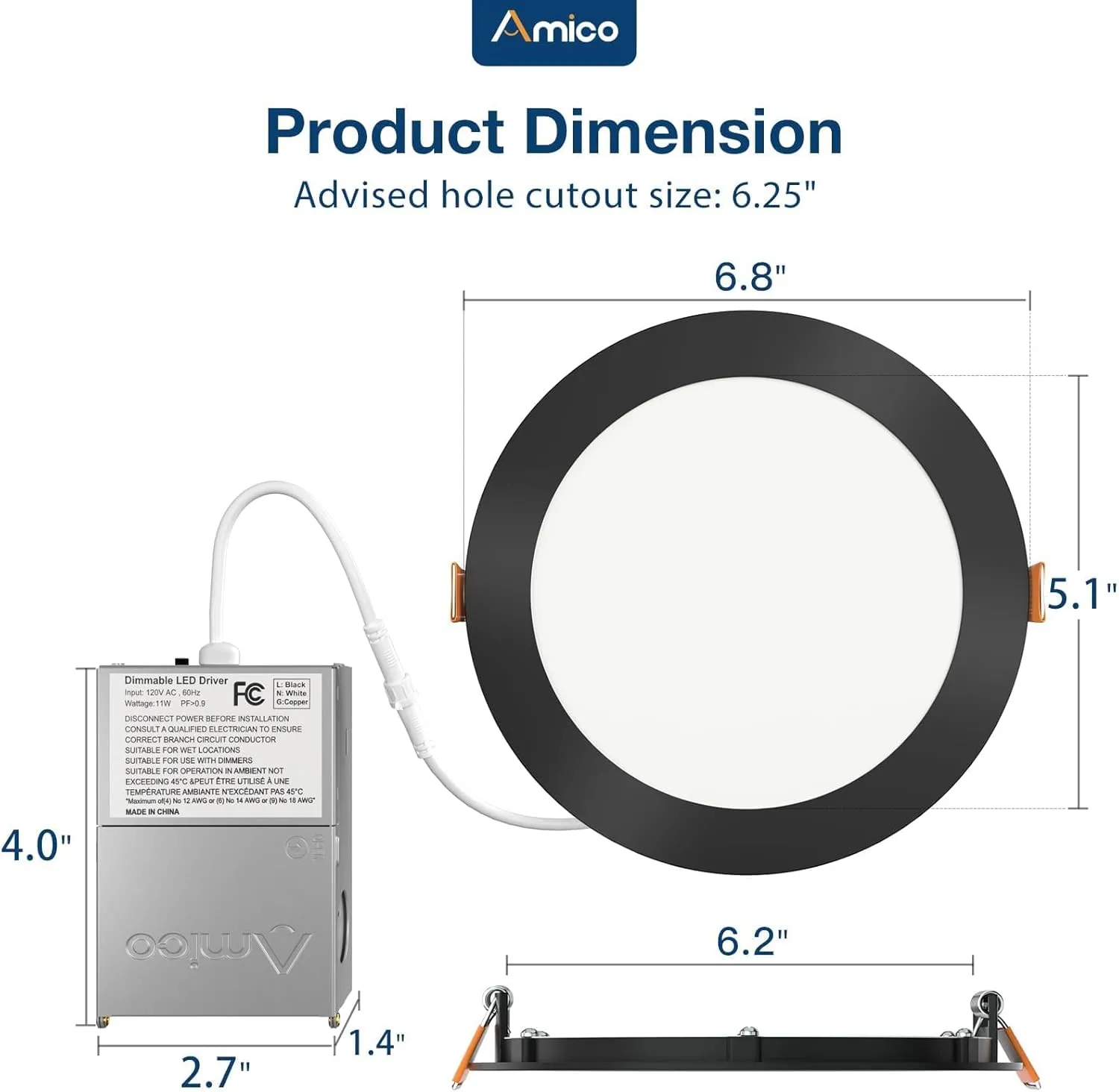 Amico 6 Pack 6 Inch 5CCT Ultra-Thin LED Recessed Ceiling Light with Junction Box, 2700K/3000K/3500K/4000K/5000K Selectable, 12W Eqv 110W, Dimmable Canless Downlight, 1050LM High Brightness,Black