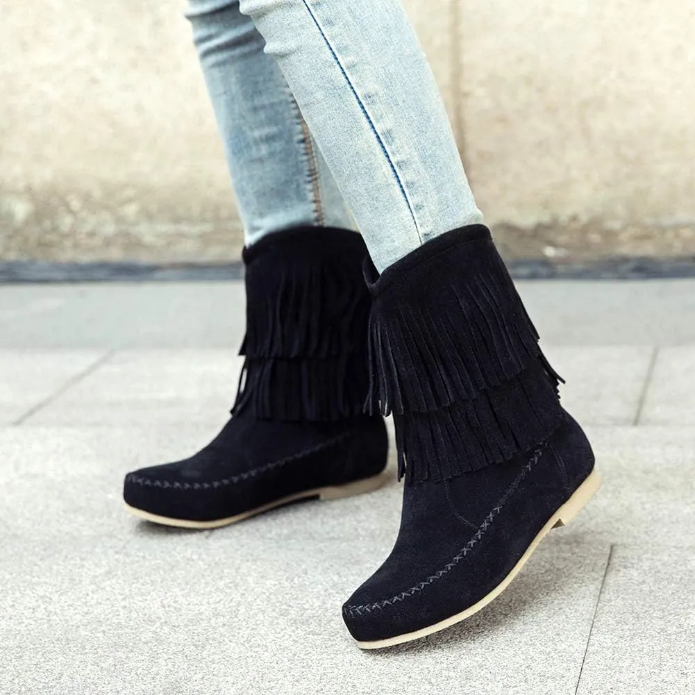 ANUFER Women's Fashion Double-Fringe Moccasin Boots Mid-calf Cowboy Boots