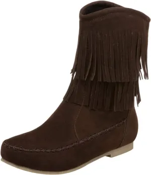 ANUFER Women's Fashion Double-Fringe Moccasin Boots Mid-calf Cowboy Boots