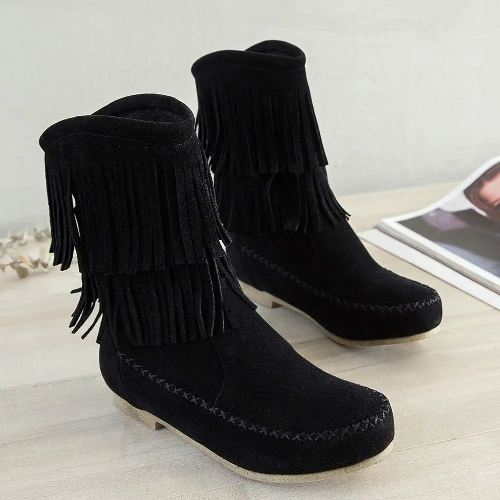 ANUFER Women's Fashion Double-Fringe Moccasin Boots Mid-calf Cowboy Boots