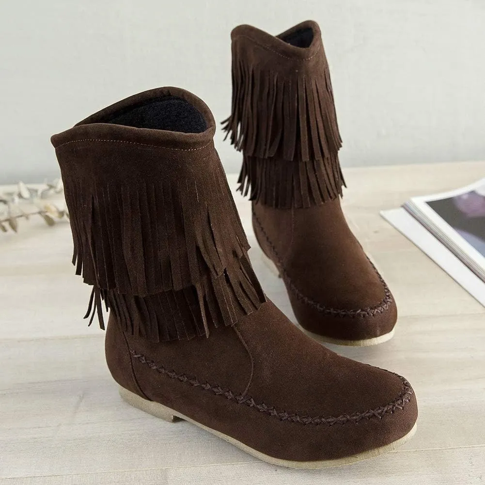 ANUFER Women's Fashion Double-Fringe Moccasin Boots Mid-calf Cowboy Boots