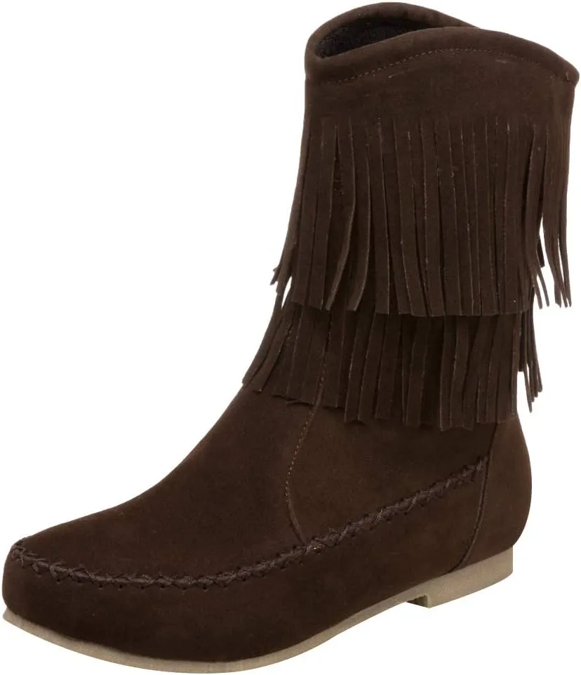 ANUFER Women's Fashion Double-Fringe Moccasin Boots Mid-calf Cowboy Boots