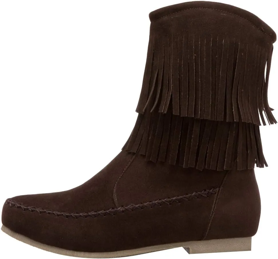 ANUFER Women's Fashion Double-Fringe Moccasin Boots Mid-calf Cowboy Boots