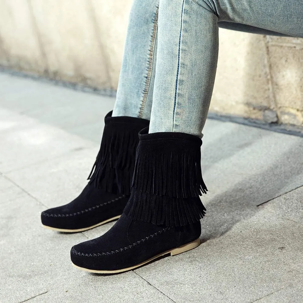 ANUFER Women's Fashion Double-Fringe Moccasin Boots Mid-calf Cowboy Boots