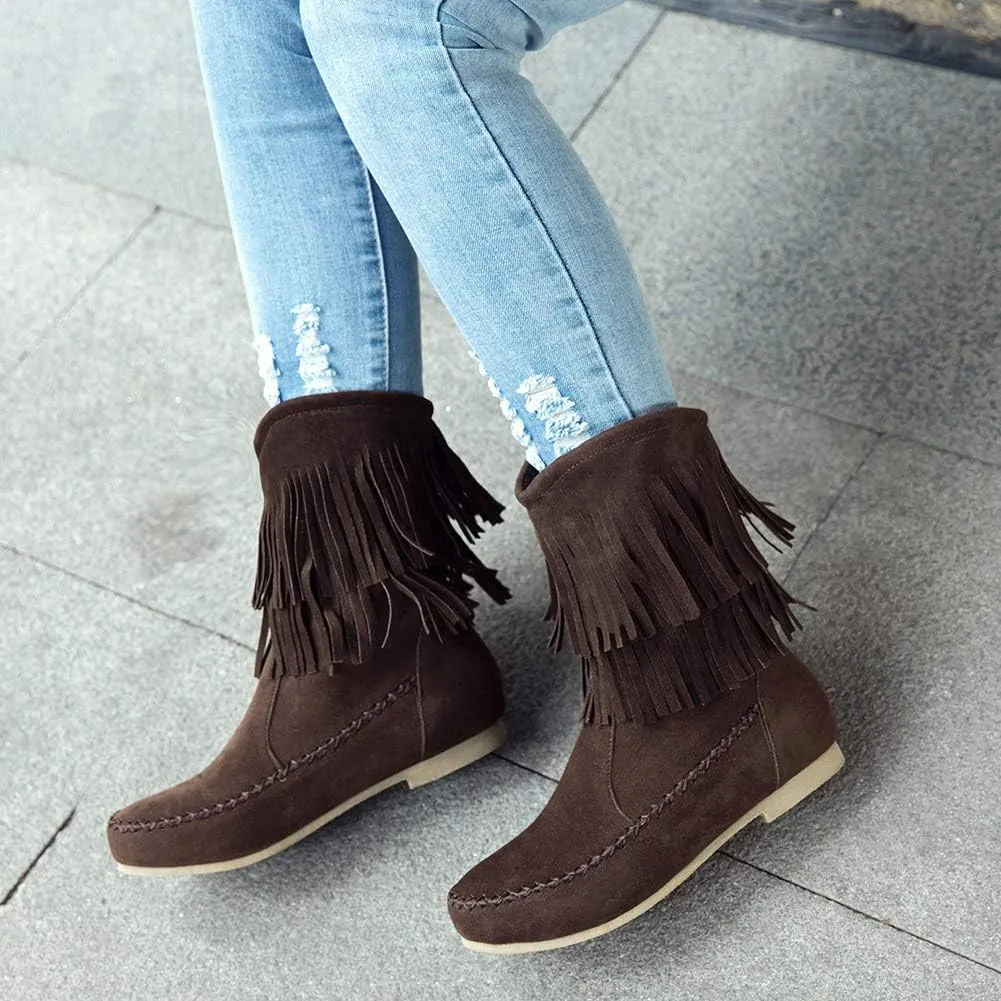 ANUFER Women's Fashion Double-Fringe Moccasin Boots Mid-calf Cowboy Boots