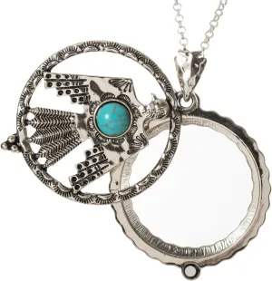 Artisan Owl Thunderbird Turquoise Stone 4X Magnifier Magnifying Glass Sliding Top Pendant Necklace, 30"