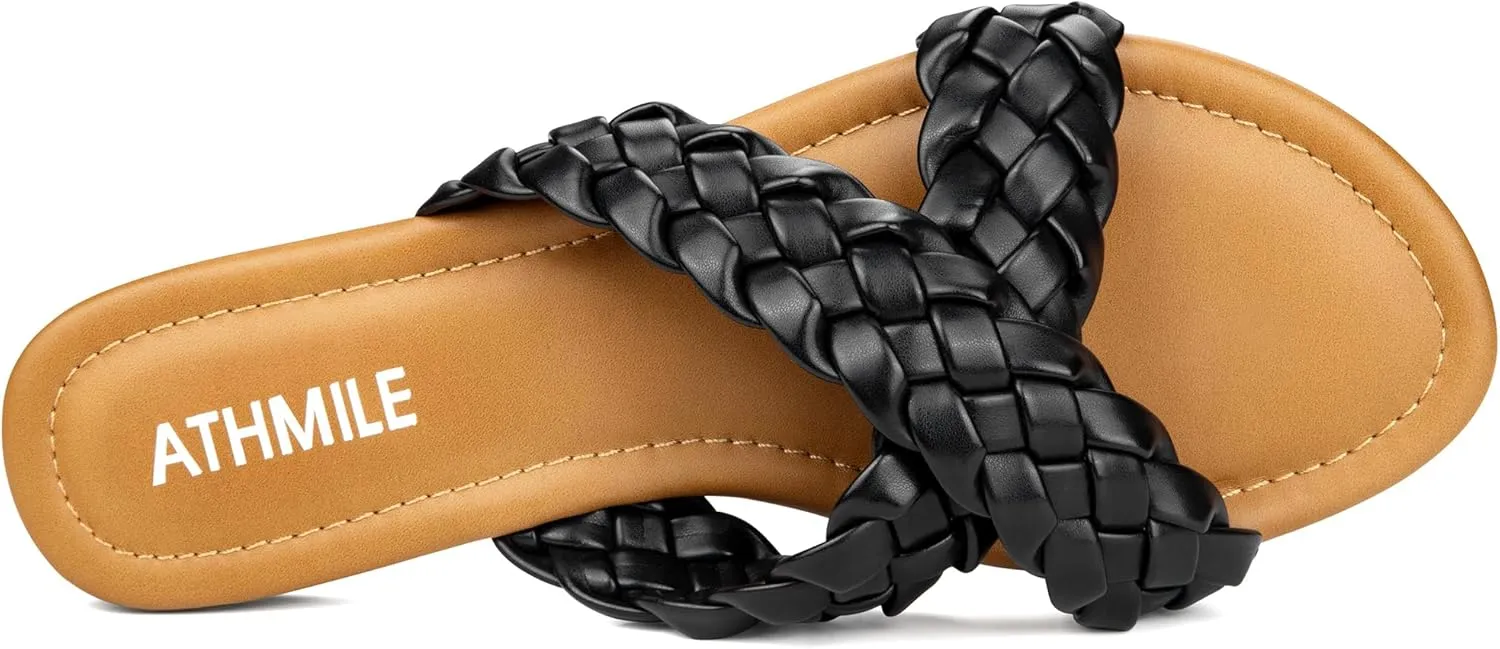 ATHMILE Women's Flat Sandals Crossover Braided Sandals for Women Fashion Round Open Toe Slip On Slide for Dressy Summer